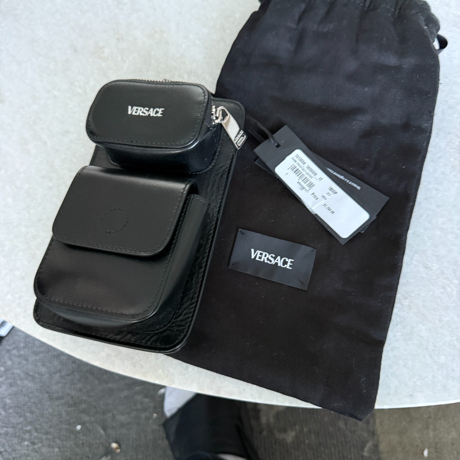 VERSACE 1013558 Phone Pouch Bag Black Calf Leather with lanyard