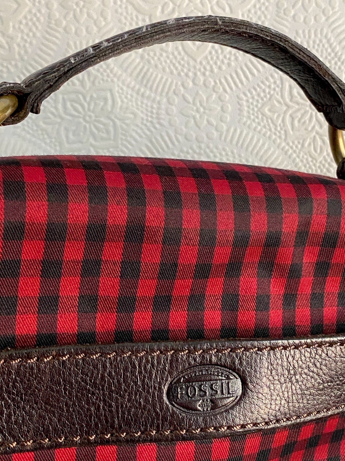 Father’s Day! LEATHER TRIM FOSSIL Red checkered MESSENGER BAG, Brass Push Lock