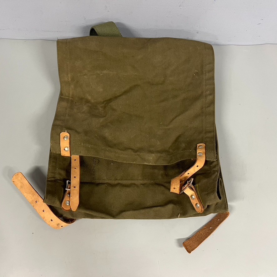 VTG Canvas Leather Rucksack Backpack Army Green Olive Drab Outdoor Travel