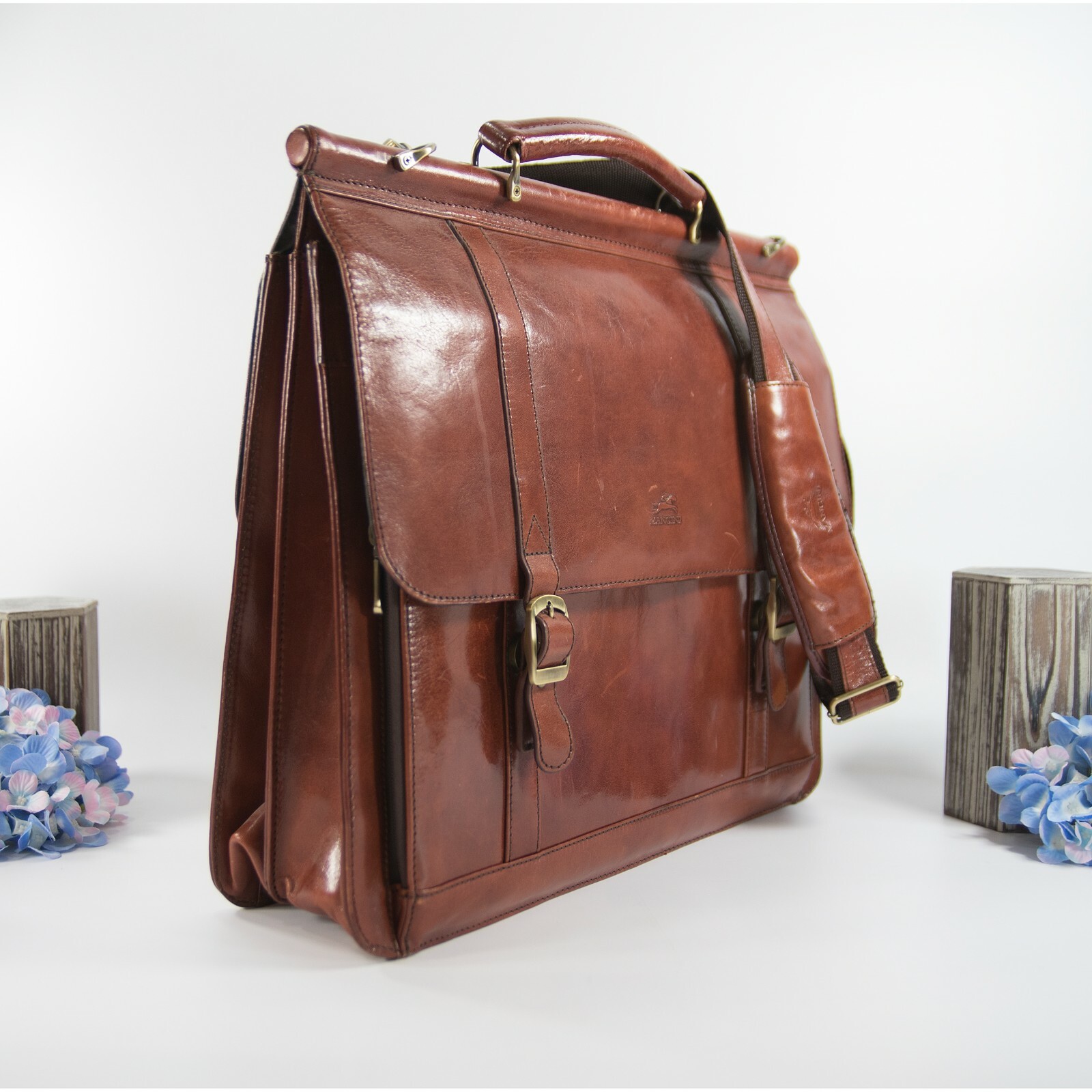 Mangini Cognac Vintage Leather Briefcase Messenger Crossbody Bag
