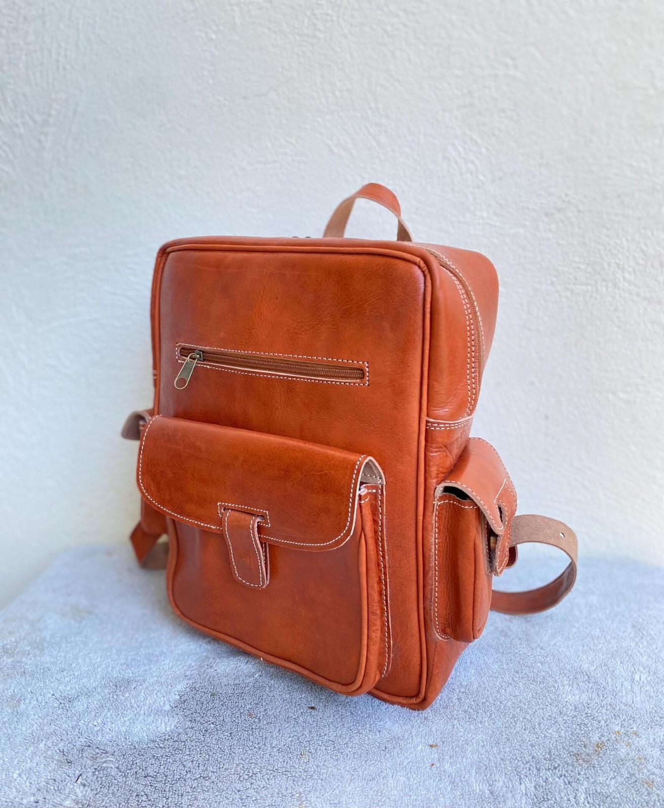 Handcrafted Genuine Leather Square Backpack – Cognac | 38cm x 30cm