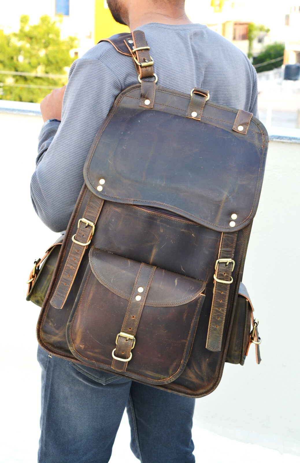 Leather Backpack for Men Handmade 21 inch Laptop Shoulder Office Brown Rucksack