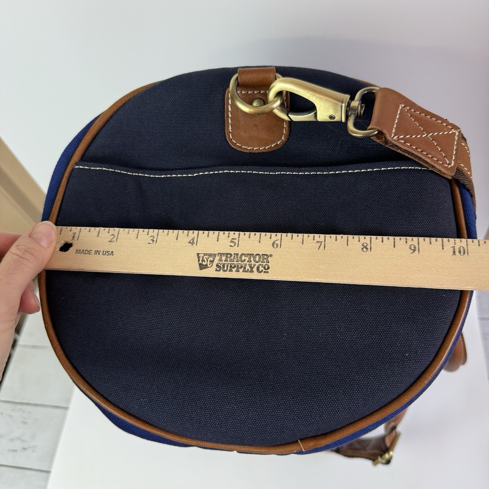 F.H. Wadsworth NYC Blue Matron Fabric Brown Leather Trim Zip Duffle Bag New