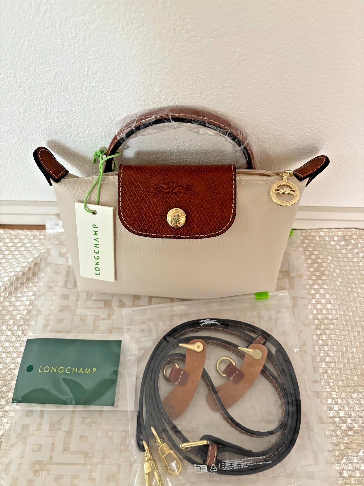 Longchamp Le Pliage XS White Brown Crossbody Nylon Top Handle Mini Bag