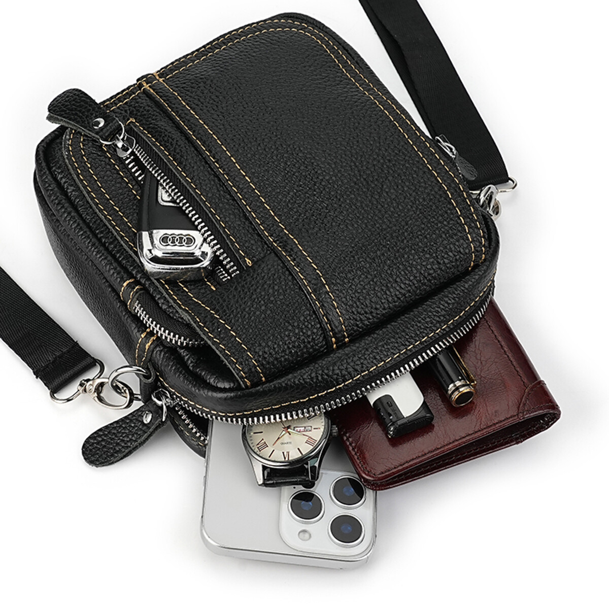 Genuine Leather Men’s Crossbody Bags Purse Business Small Waist Bag Shoulder Bag