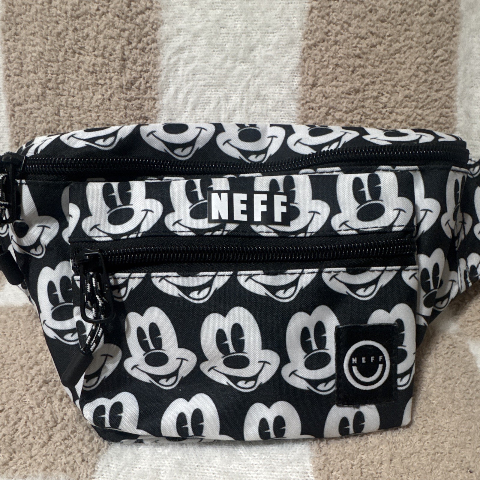 Neff Mickey Mouse Black & White Graphic Print Fanny Pack Belt Bag Zip Pockets