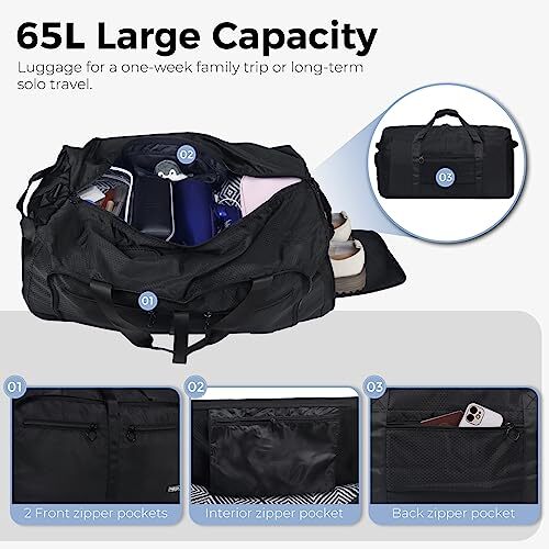 65L Duffle Bag with Shoes Compartment, Foldable Travel Duffel 65L-Glossy Black