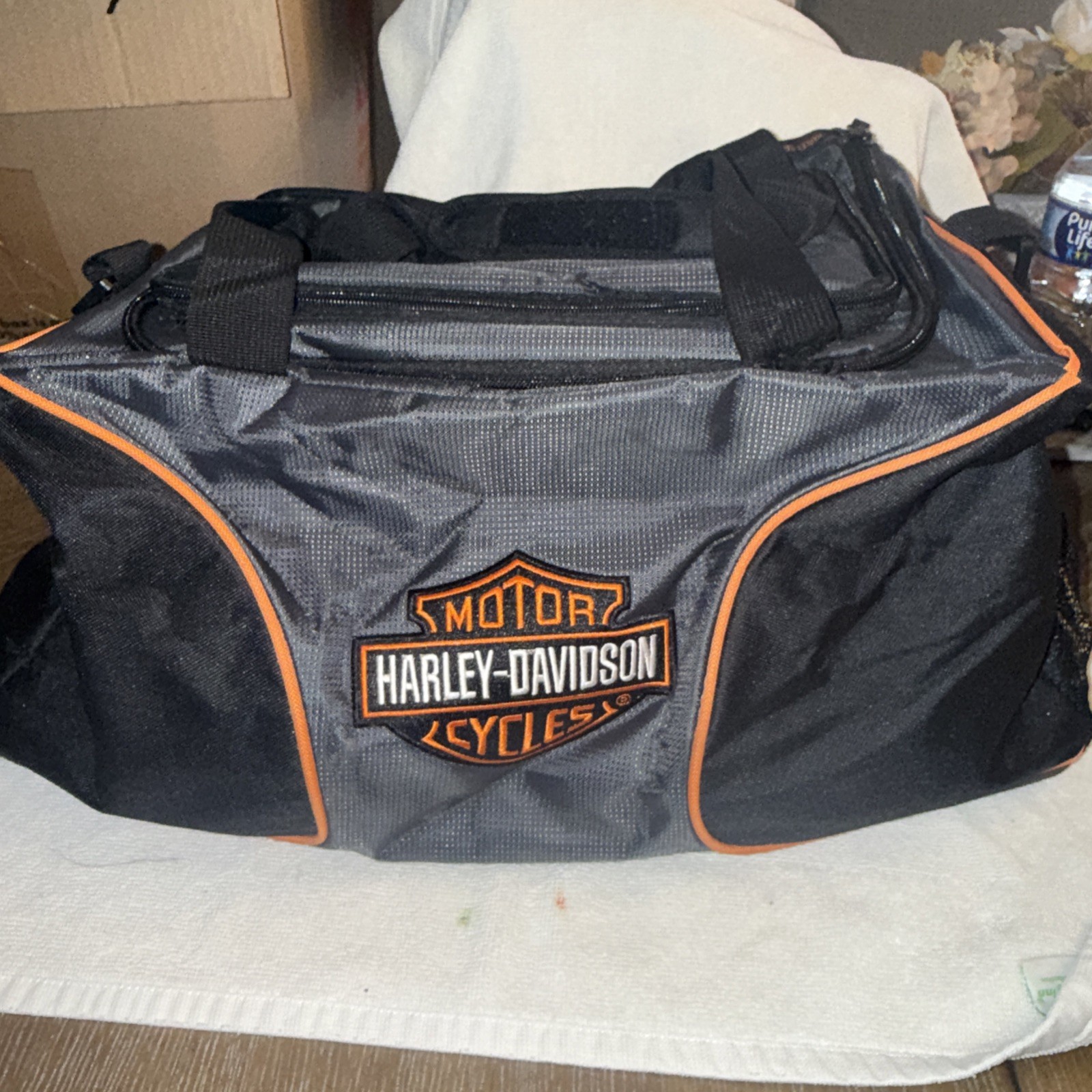 HARLEY DAVIDSON Duffel Bag Black Gray Orange Bar Shield Travel Gym Bag 19×9