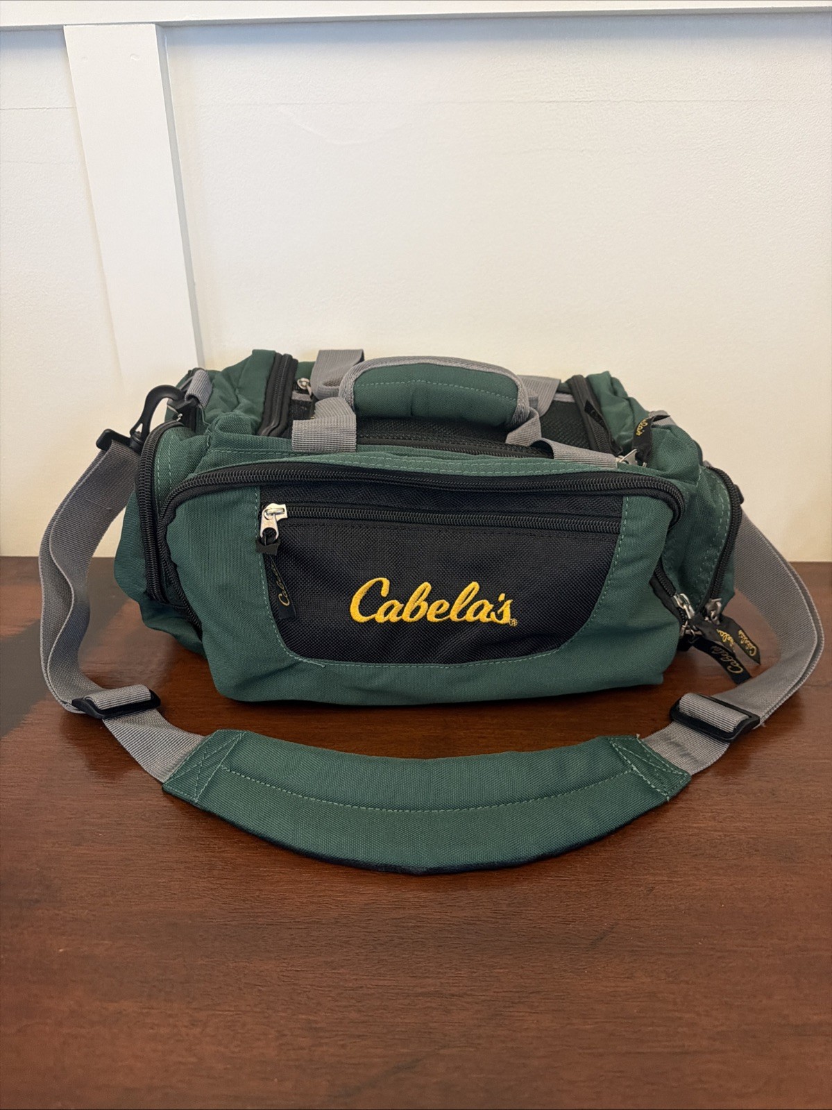 Cabelas Duffel Bag Green~Padded Shoulder Strap Zippers 13x10x7.5 Fish Hunt Clean