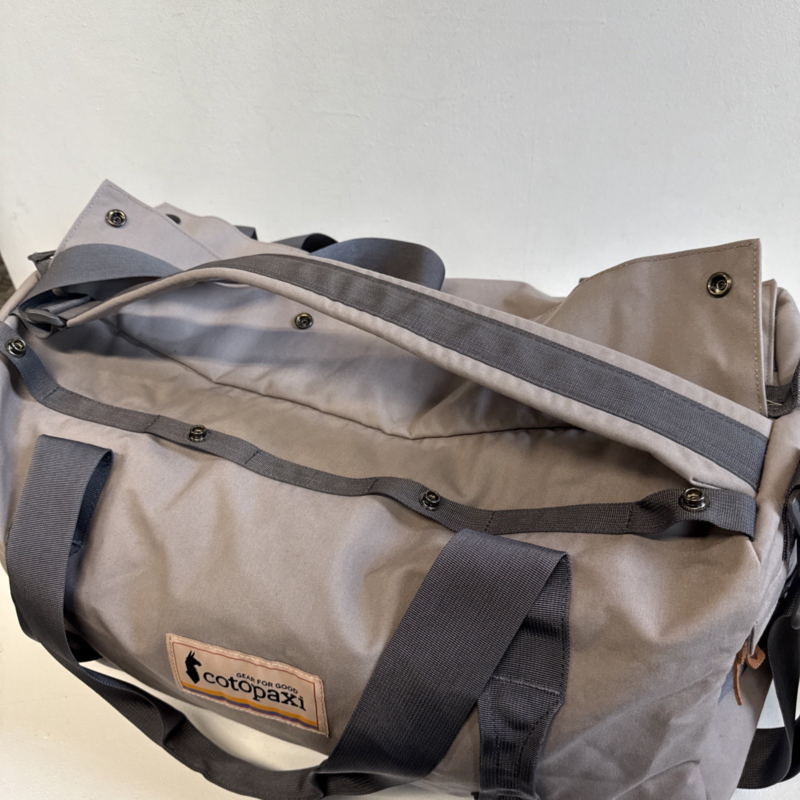 Cotopaxi Canvas Duffle Bag Converts To Backpack Gray Brand Logo On End ~21x11x11