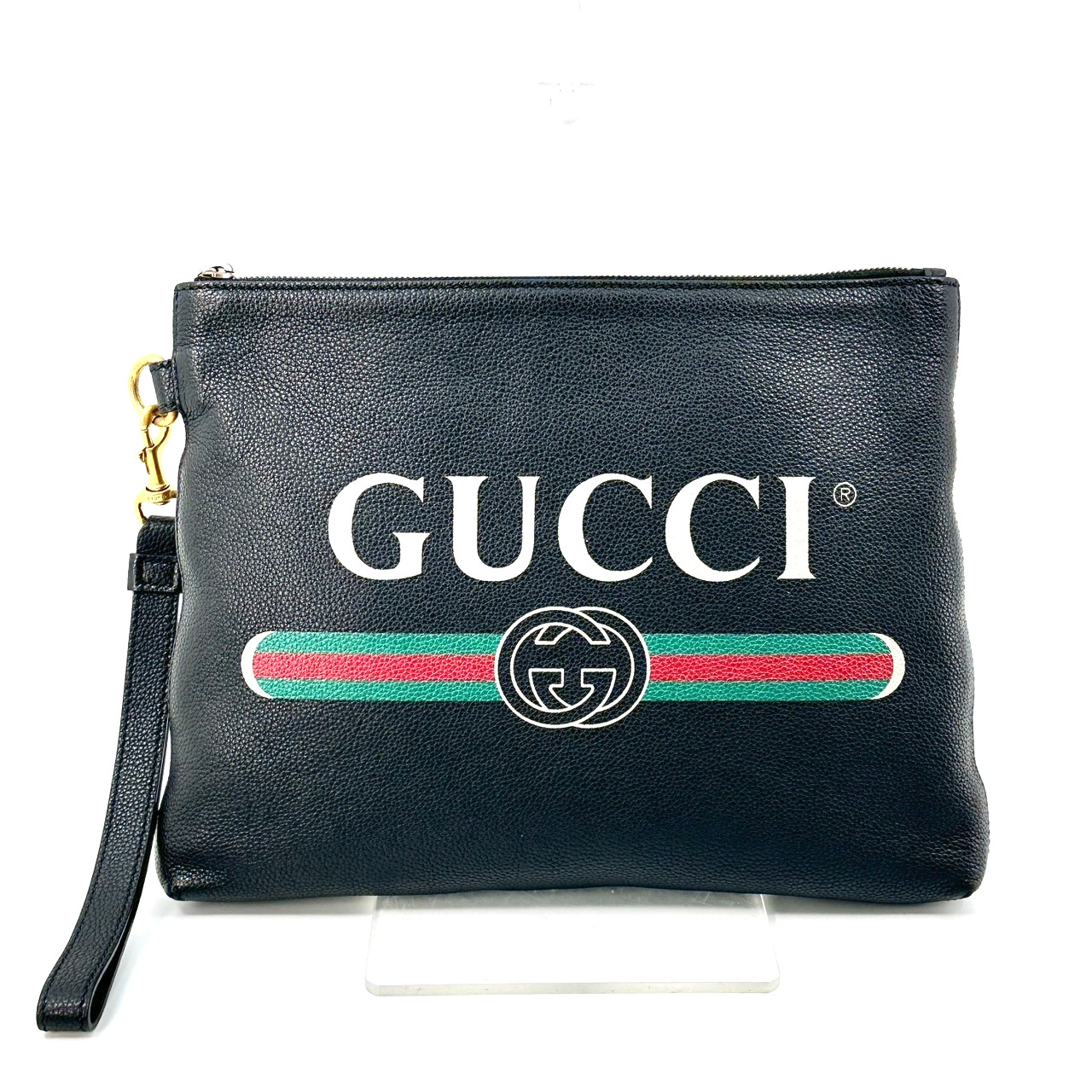 Gucci Logo Print Clutch Bag Second Bag Sherry Line Leather Black Authentic