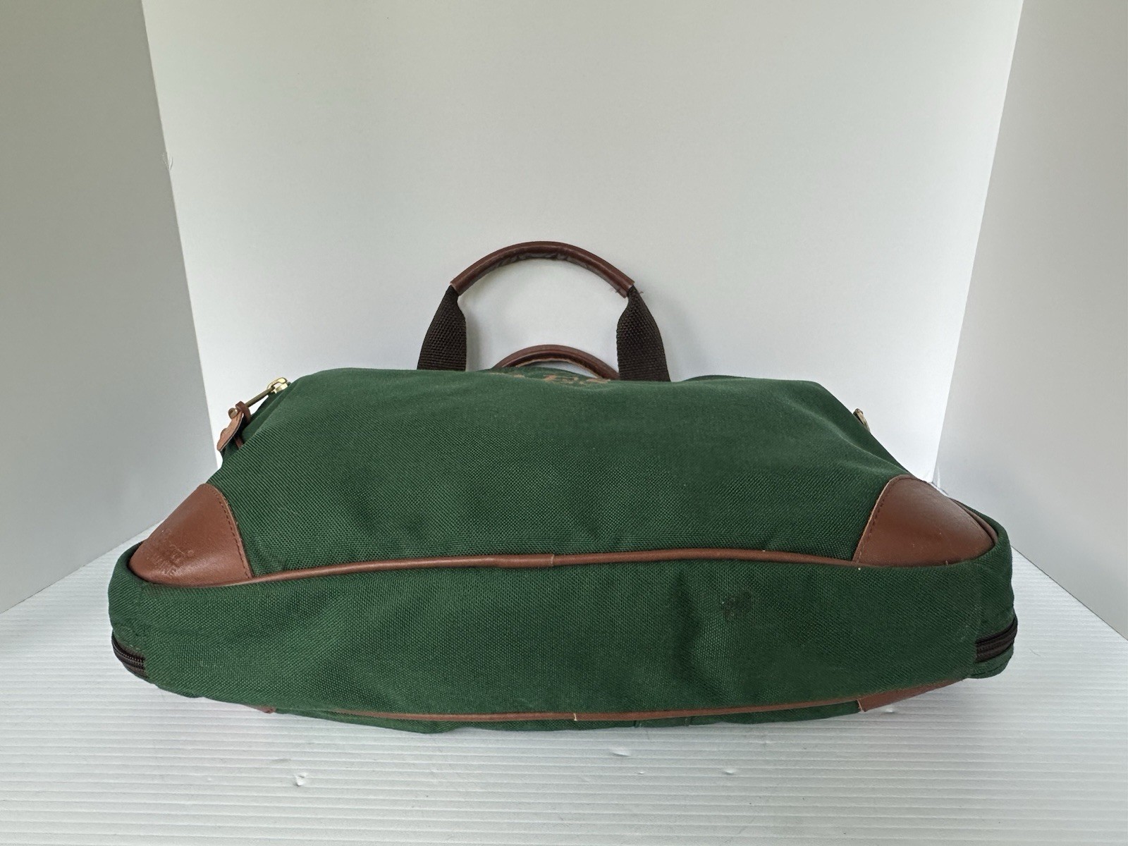 LL Bean Vintage Canvas/Leather Briefcase Laptop Bag Green Embroidered , No Strap