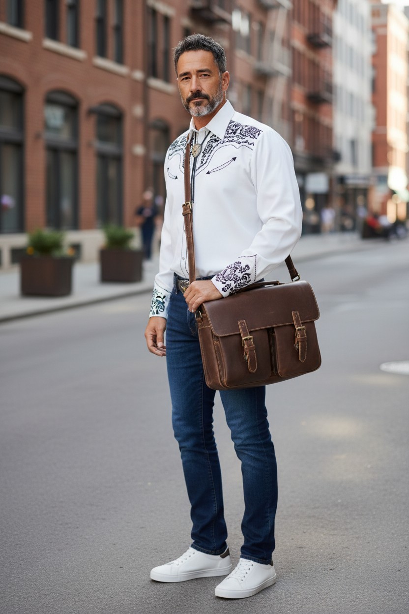 Crazy Horse Leather Briefcase Messenger Bag Business Laptop CNC Necktie Western