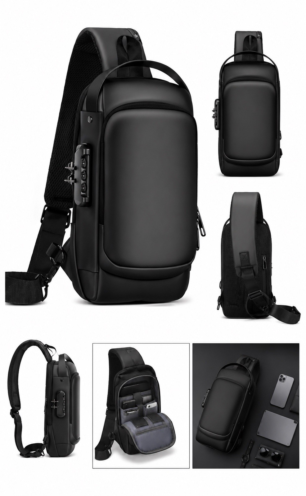 Anti-Theft Crossbody Sling Bag with USB Charging Port & Lock – Black