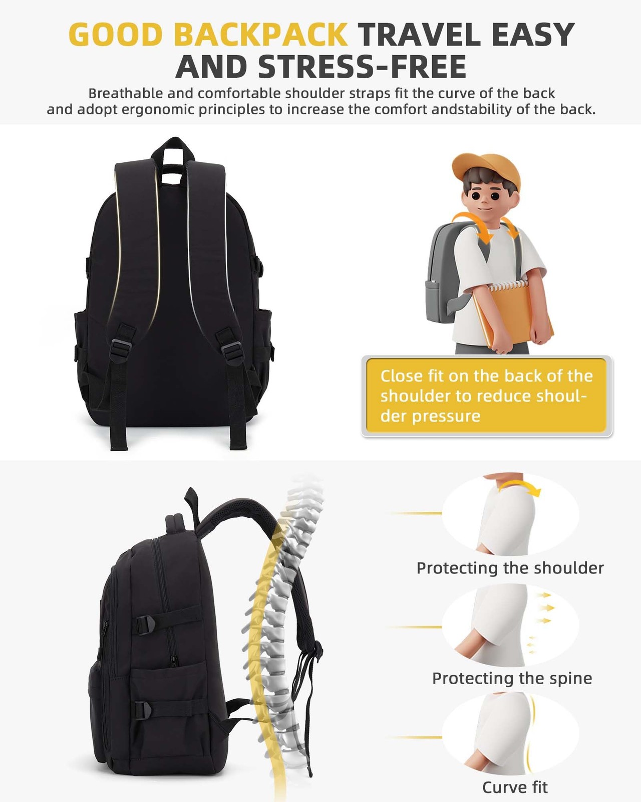 Black Lightweight Laptop Backpack, Large, Travel, Casual Daypack, College, Men