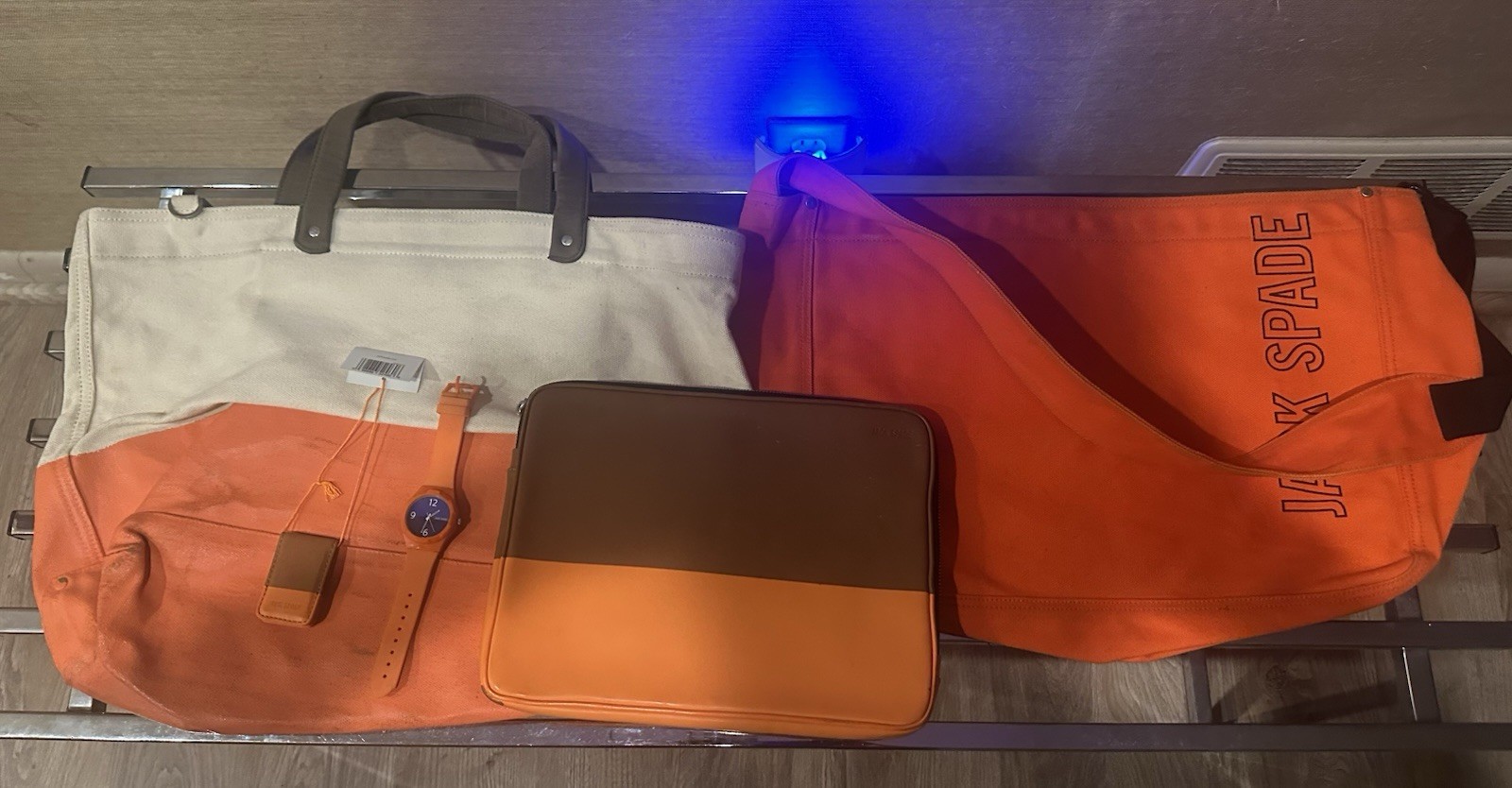 Lot 5 JACK SPADE ORANGE 1. Messenger 2. Tote 3. Laptop Bags 4. Watch 5. $ Clip