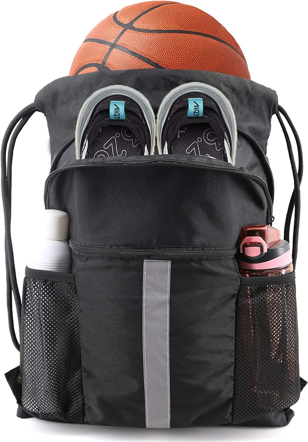 Drawstring Backpack Bag with Shoe Compartment, X-Large Black Gym Sports String C
