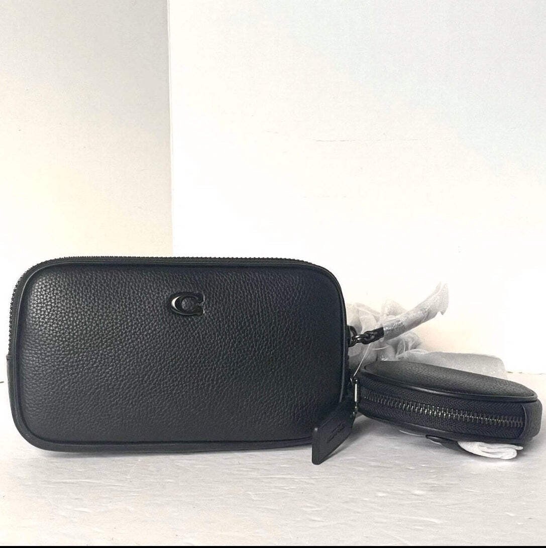 Coach CR749 Multi Pouch Black Leather Belt Bag Adjustable Removable