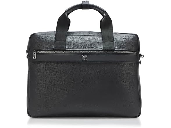 HUGO BOSS Stacked Logo Leather Briefcase Pitch Black Business Laptop Bag NWT