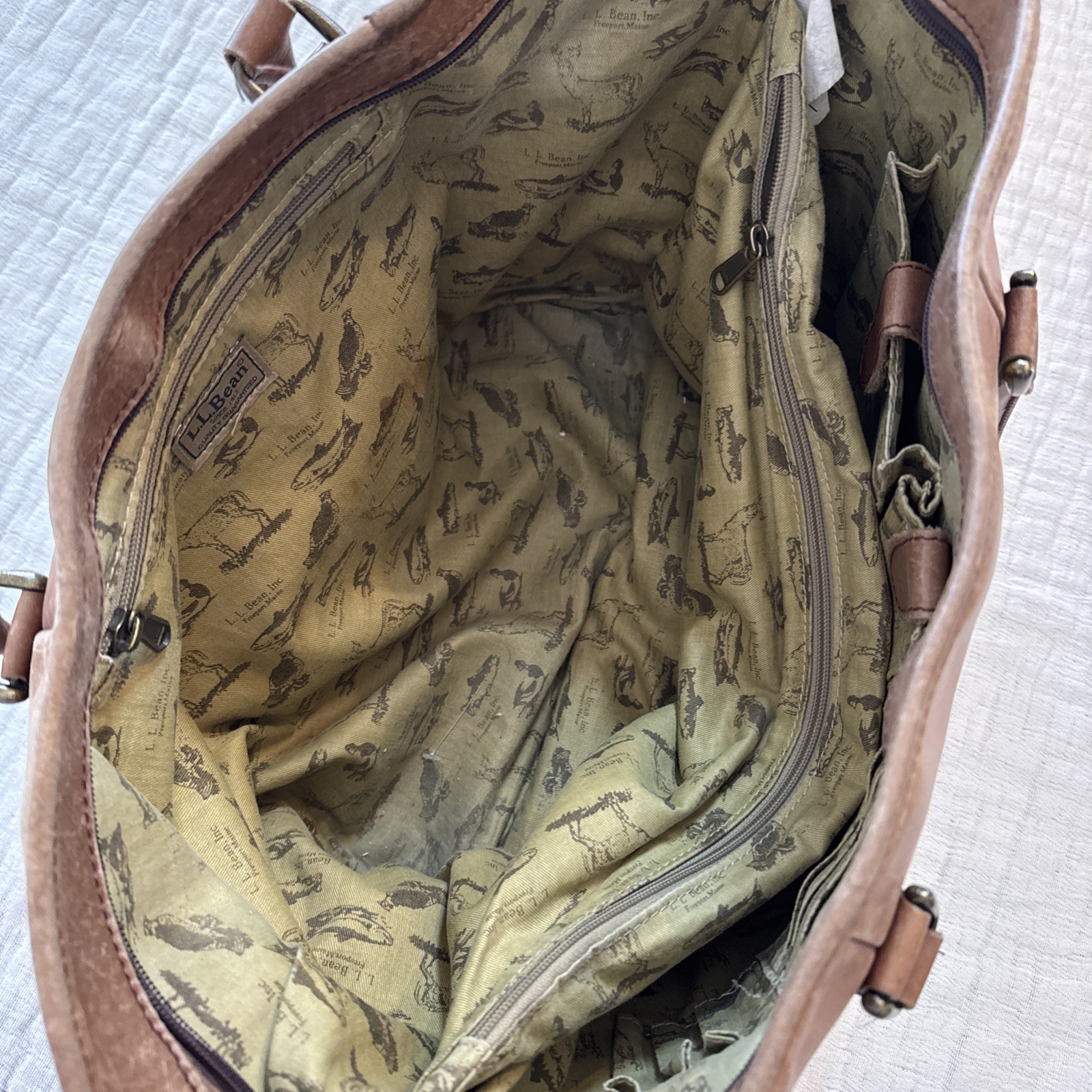 Vintage LL Bean Large Brown Leather Carryall Tote Bag Animal Print Lining