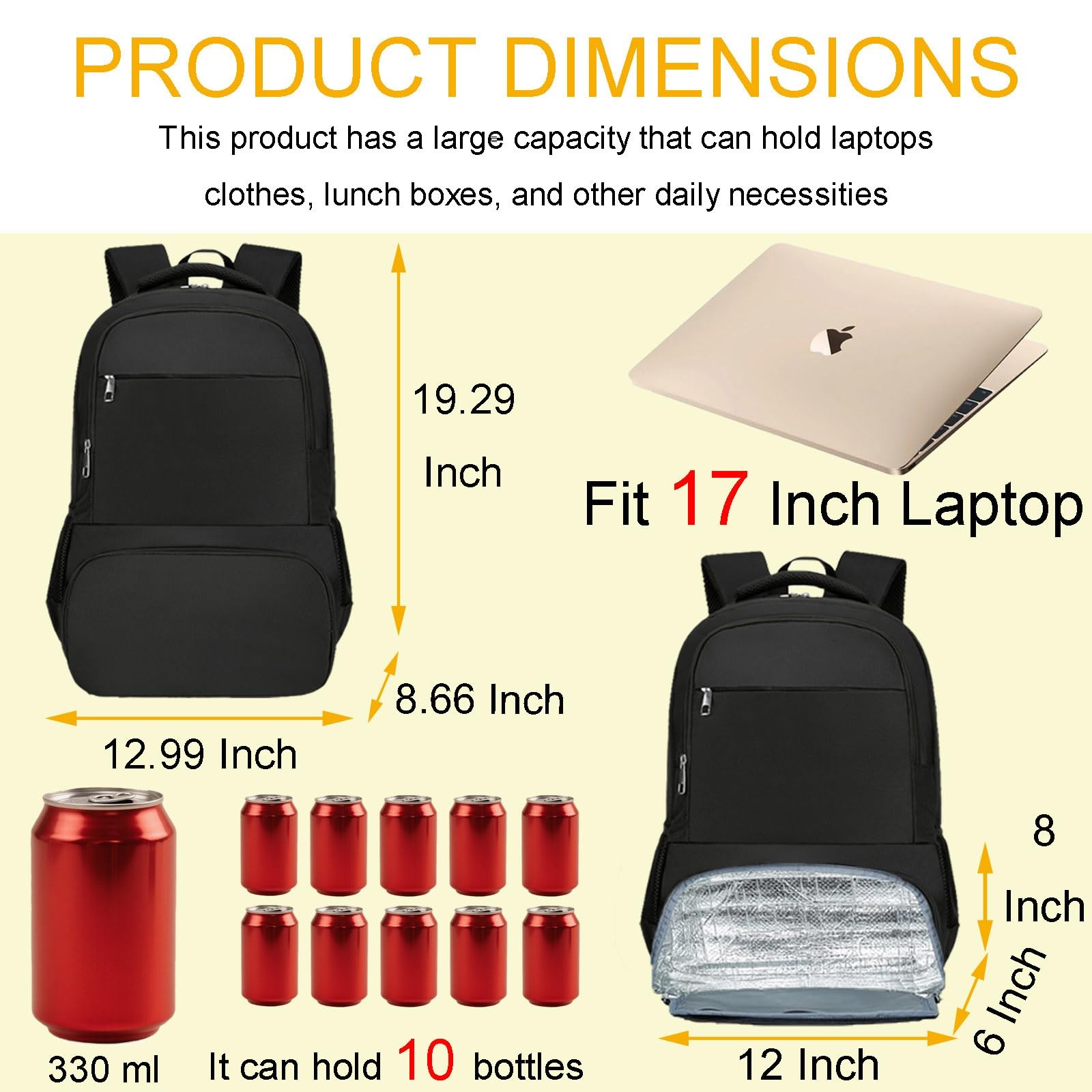 Large Capacity 17″ Laptop Backpack with Cooler, USB Charging, Anti-Theft Design