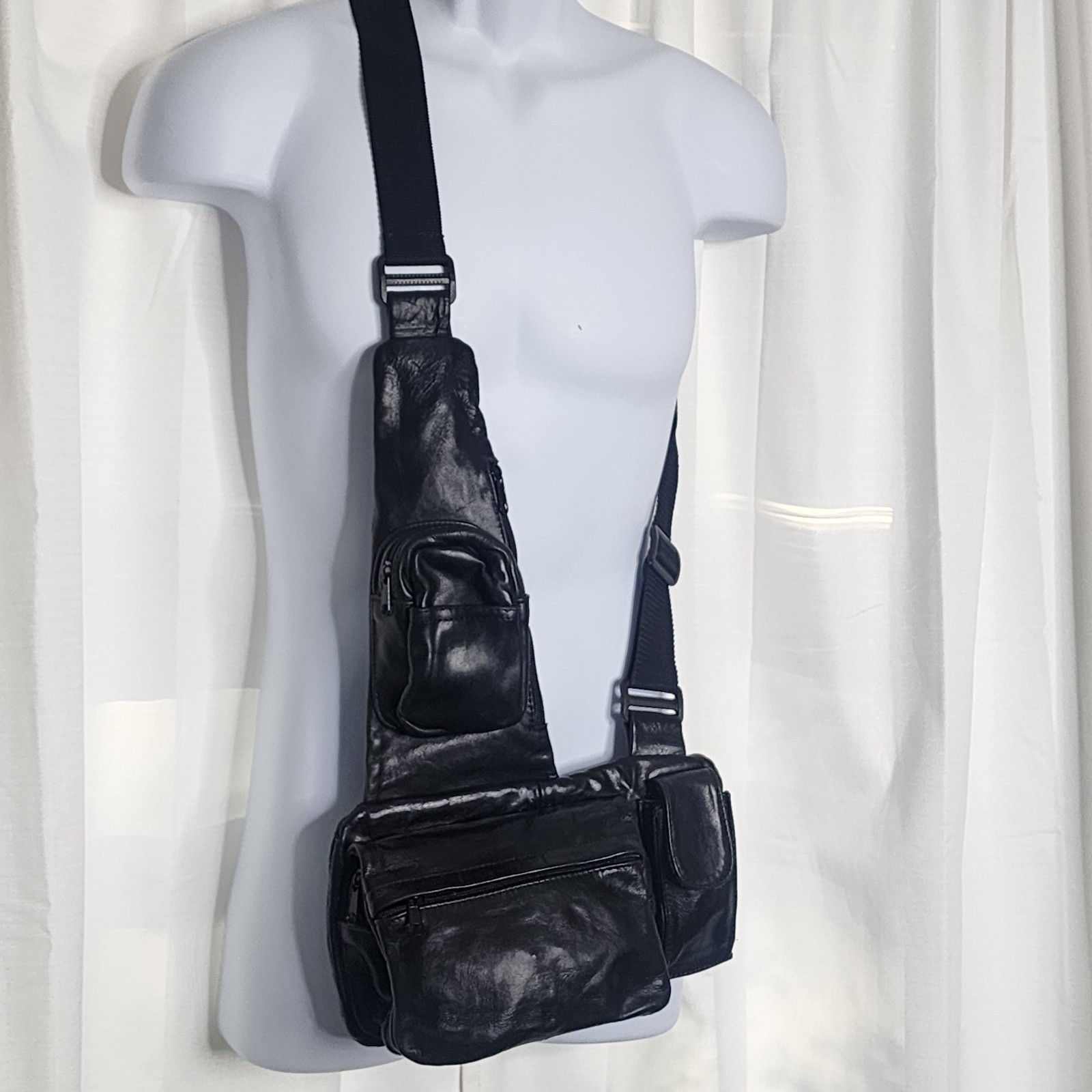 Vtg Black Leather Sling Bag Crossbody Tactical Chest Rig Multi Pocket Utility