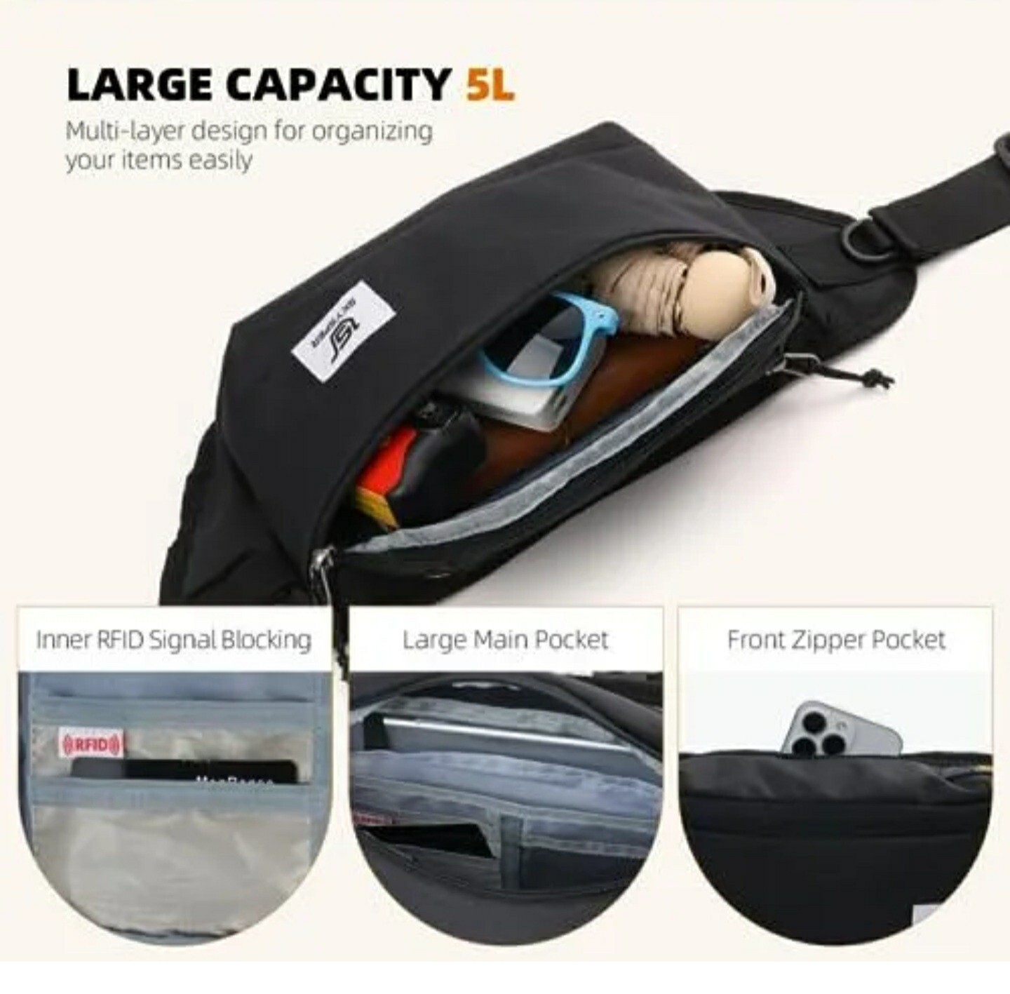 SKYSPER URBAN E5 FANNY PACK CROSSBODY FASHION LARGE WAIST BAG RFID ANTI-THEFT