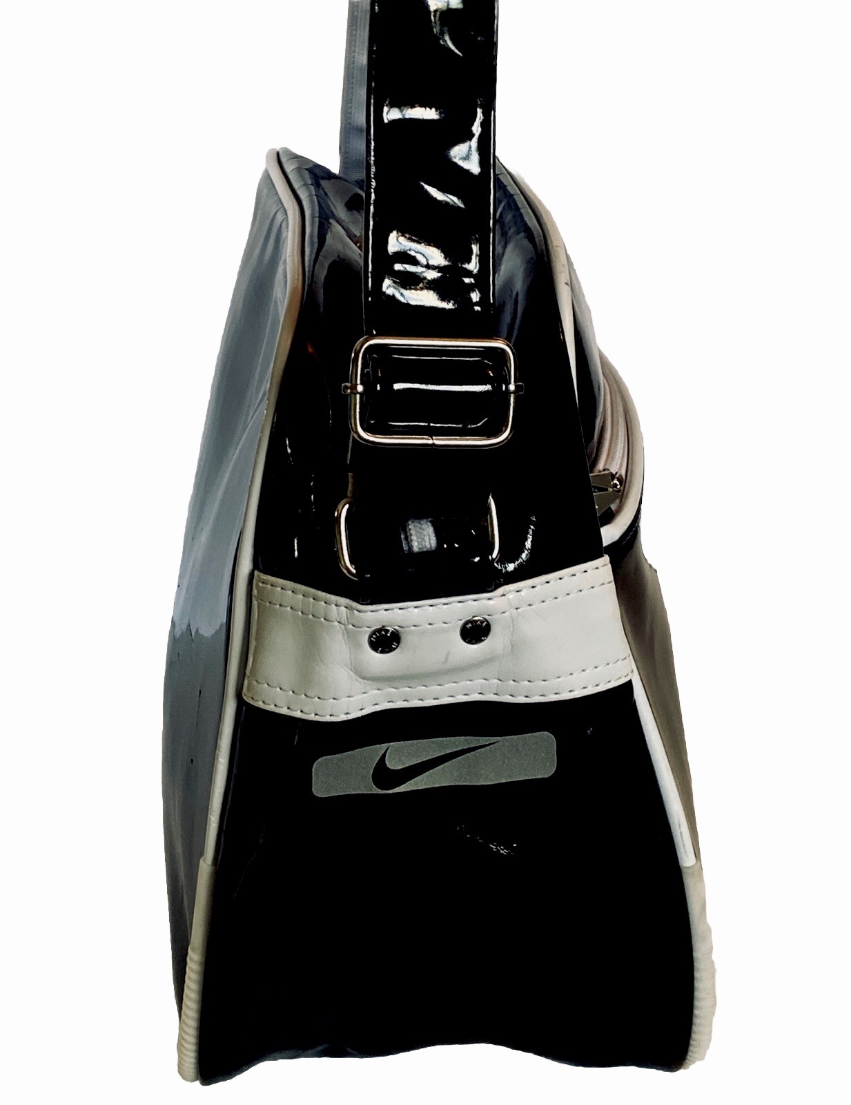 Vtg 90s Y2k Nike Patent Leather Messenger Gym Bag Side Body Black White Swoosh
