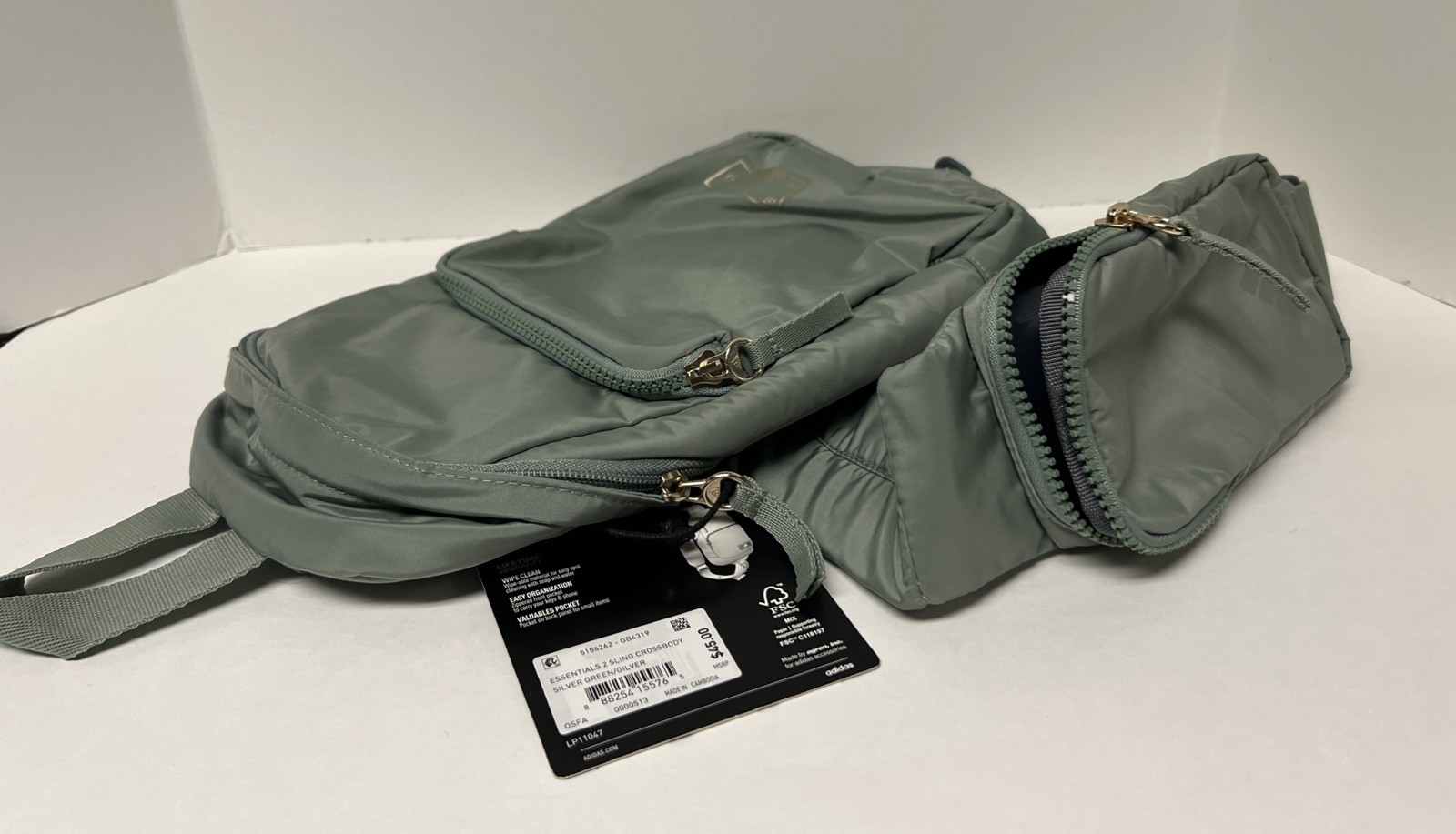 Adidas Essentials 2 Sling Crossbody Silver Green/ Gilver Zippered Pockets W/ Tag