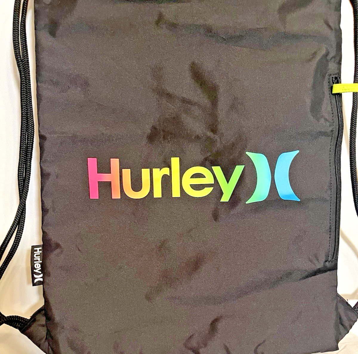 Hurley Backpack Drawstring Bag Cinch Sack Gym Tote Black Multicolor Ombre Logo