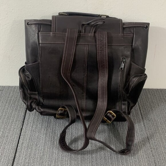 Large Leather Backpack Top Handle Drawstring Travel Dark Brown Double Loop Flap