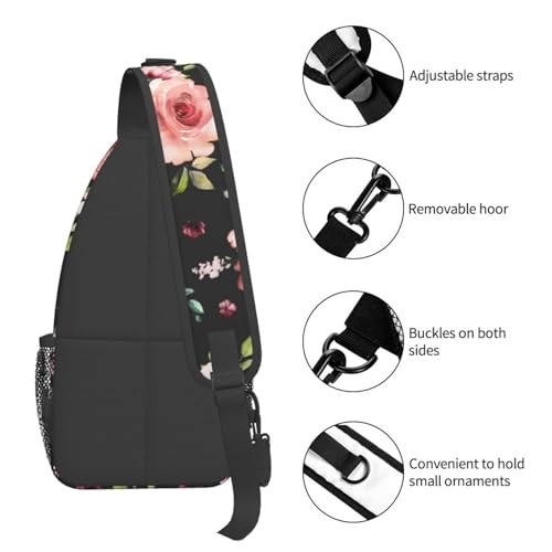 Floral Pattern Crossbody Sling Bag for Women Men Watercolor Blossom Pink Black