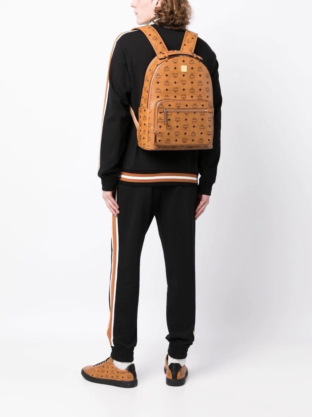 Authentic MCM Stark Visetos Cognac Medium Backpack Gold Hardware Brown