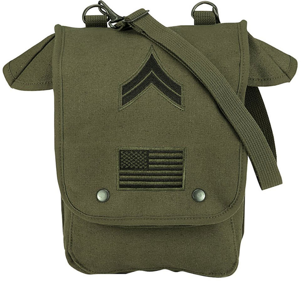 Olive Drab Heavyweight Canvas Map Case Shoulder Bag with Flag & Corporal Patches