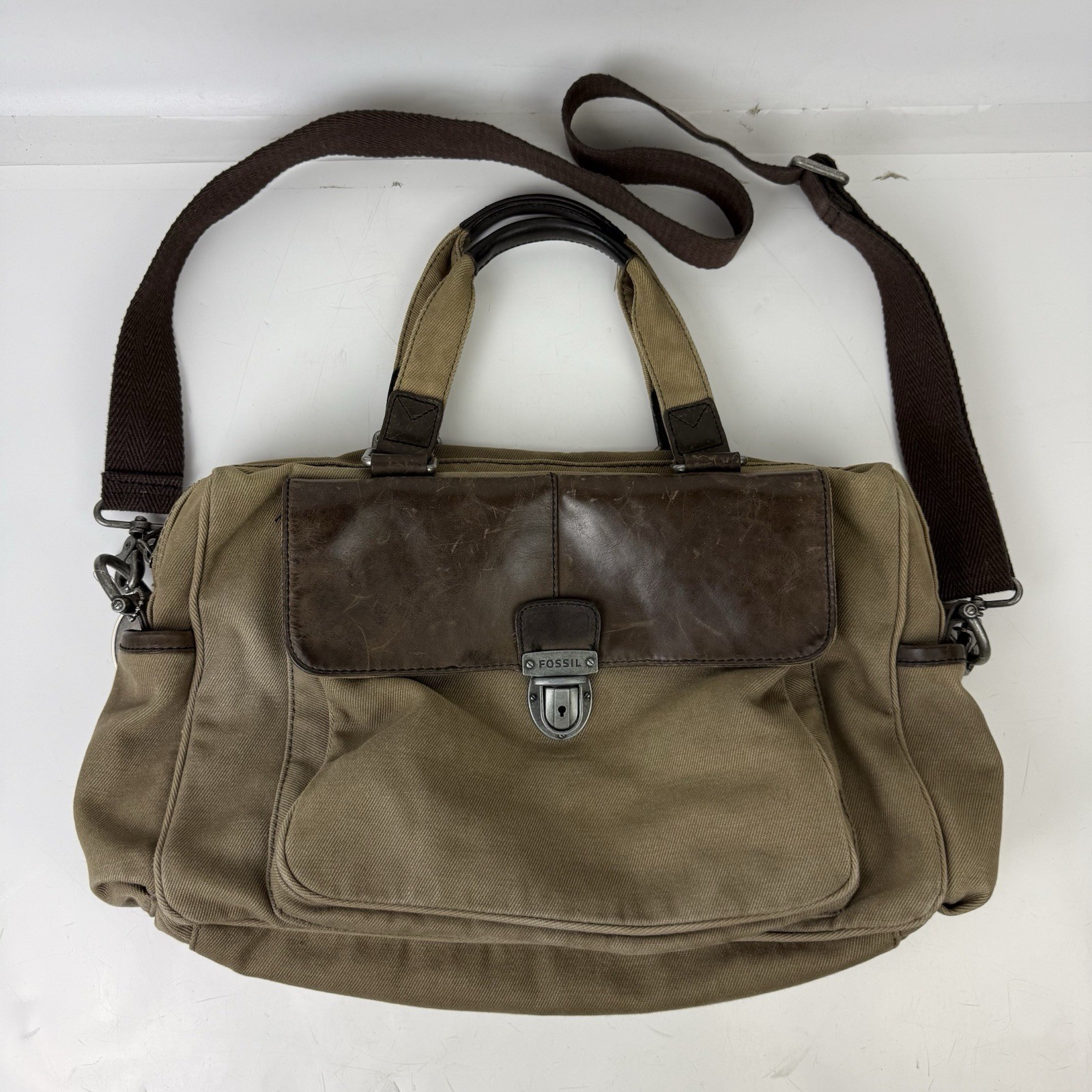 Fossil Estate Brown Canvas Leather Trim Briefcase Messenger Bag