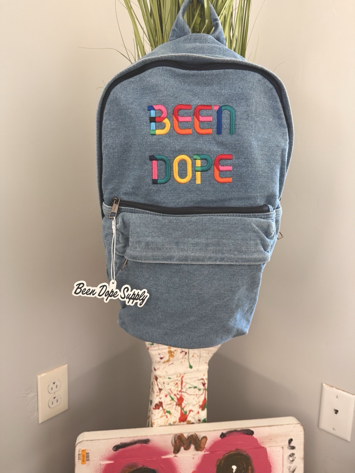 Been Dope Supply Light Denim Backpack Logo Embroidered 15in x 12in