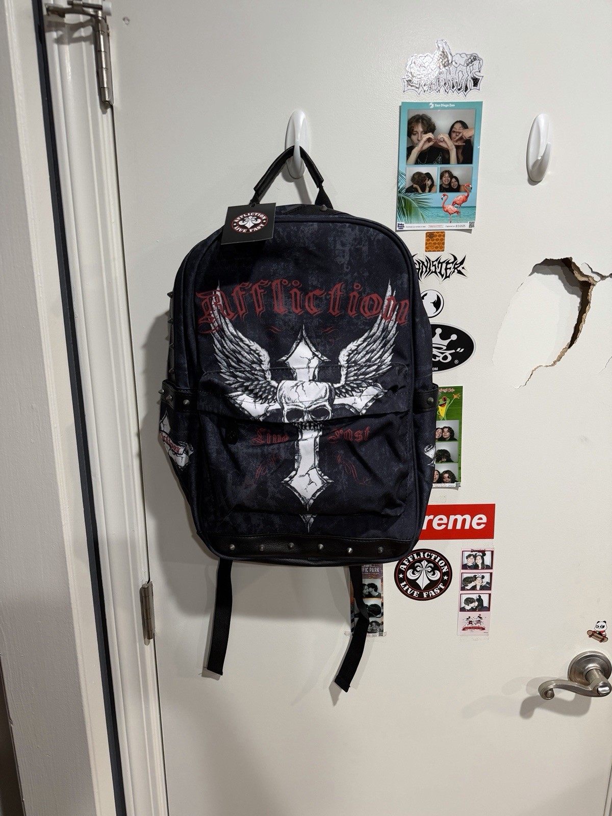 Affliction Live Fast Backpack NWT Black Canvas Studded Skull Y2K Laptop Bag