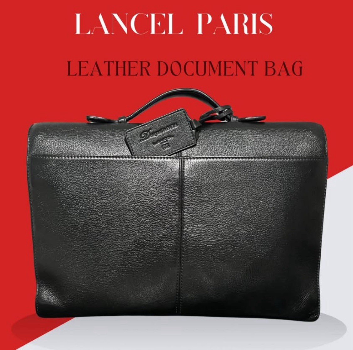 Lancel Black Briefcase Document Case Push Lock Men Business Top Handle Solid