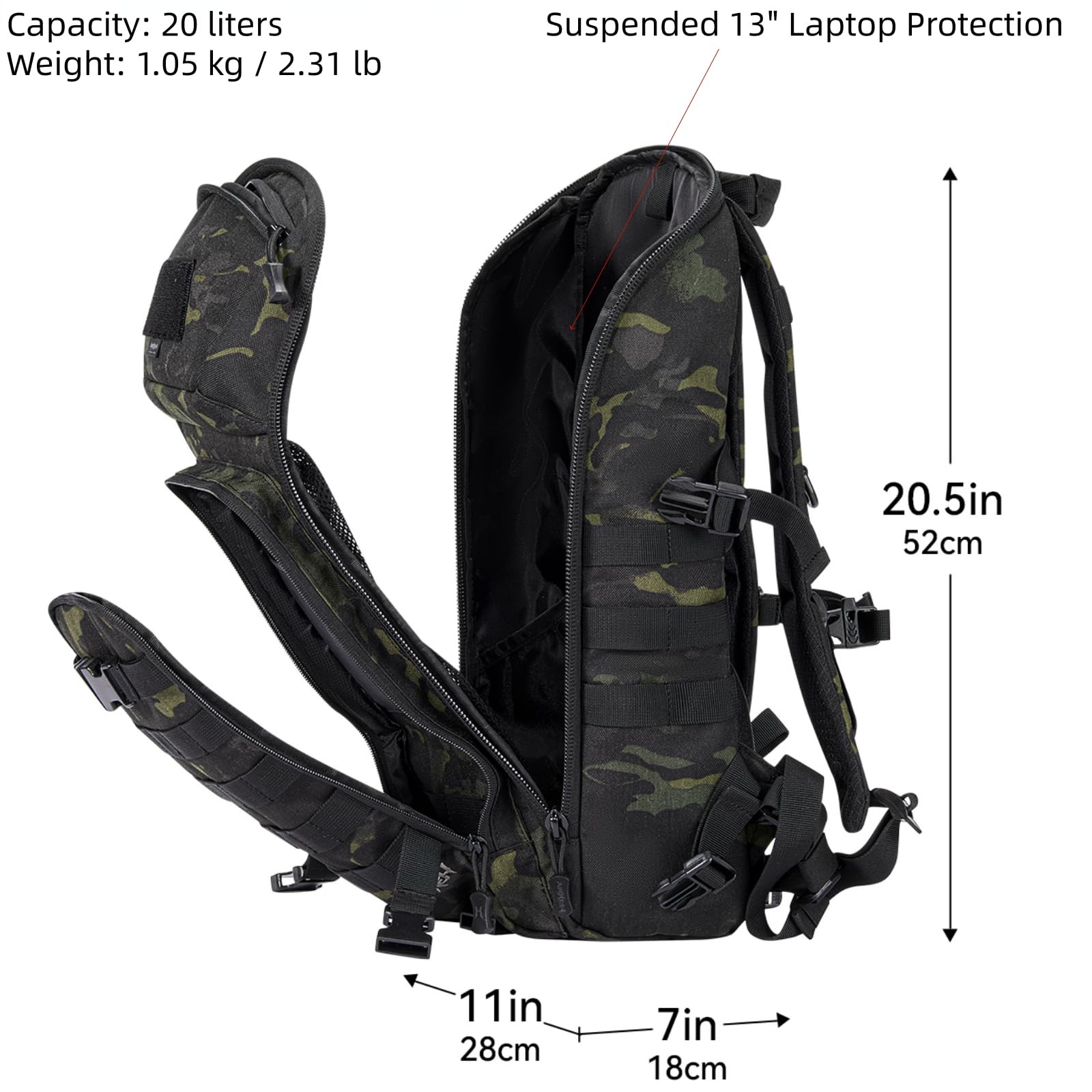 20L 1050D Urban Tactical Laptop Backpack, 13 Inch, Black Camo