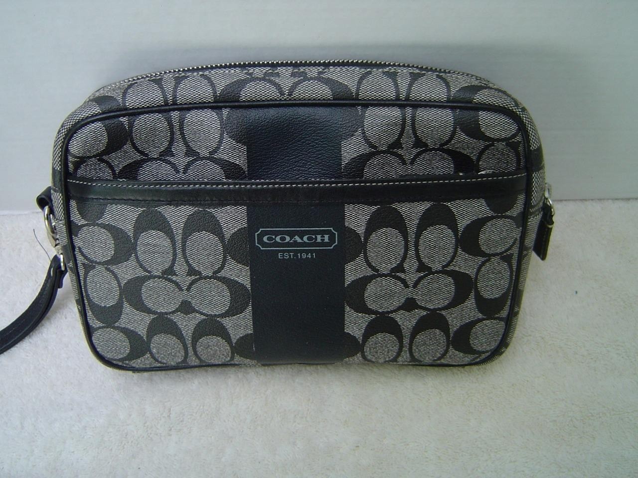 AUTHENTIC COACH MENS BLACK AND WHITE SIGNATURE STRIPE LARGE POUCH #77277 VGC