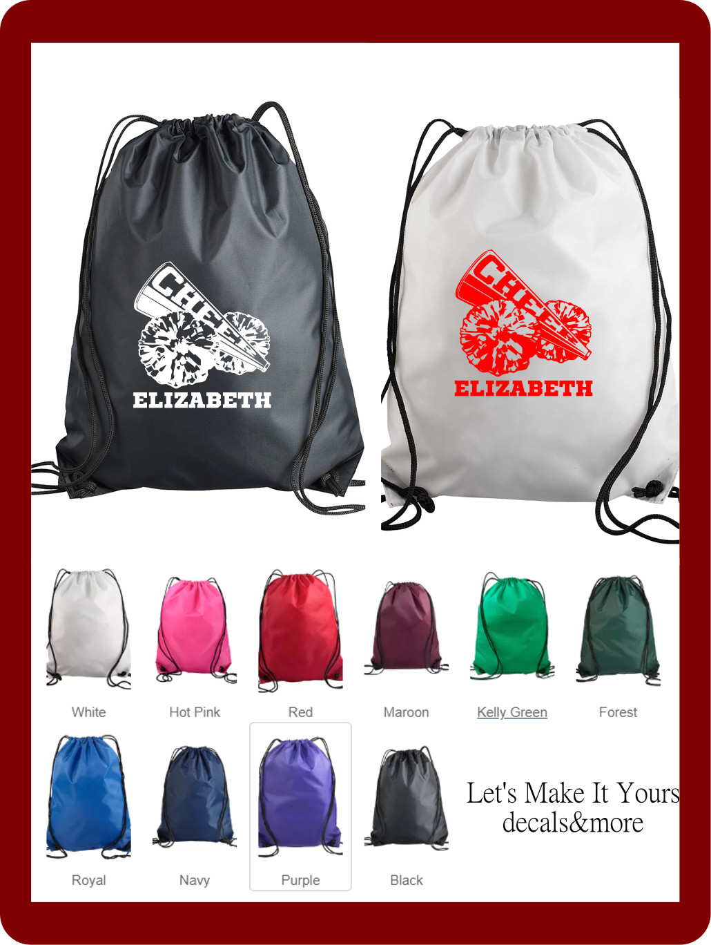 CHEER CHEERLEADER PERSONALIZED W/ NAME CINCH SACK DRAWSTRING BACKPACK SCHOOL BAG