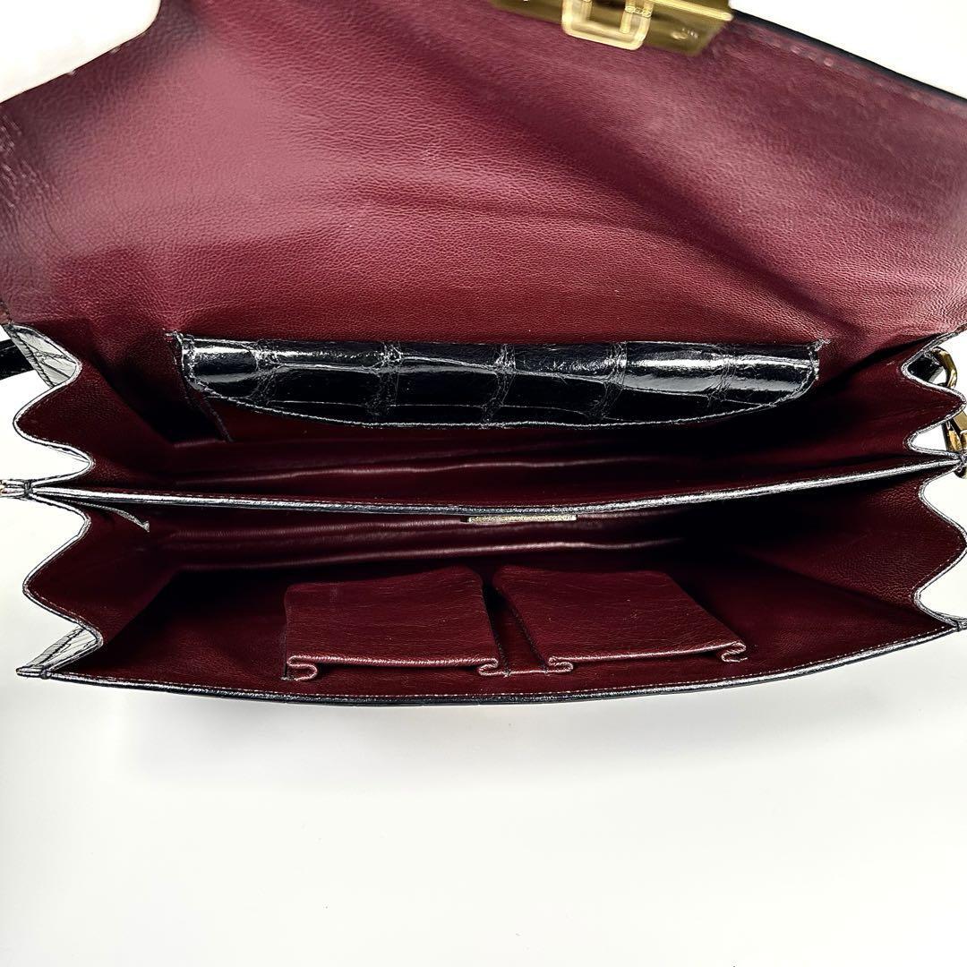 PRADA Real Crocodile Shining Center Business Bag hand bag Auth key charm