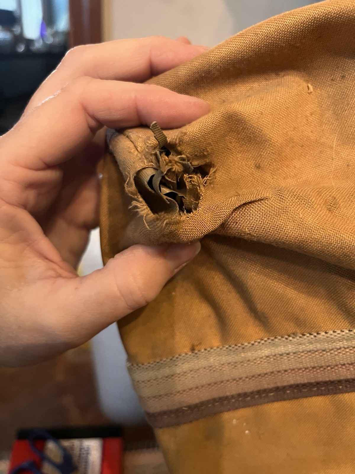 Vintage 1970’s Distressed Tan Canvas Duffle Bag Leather Straps Used With Holes