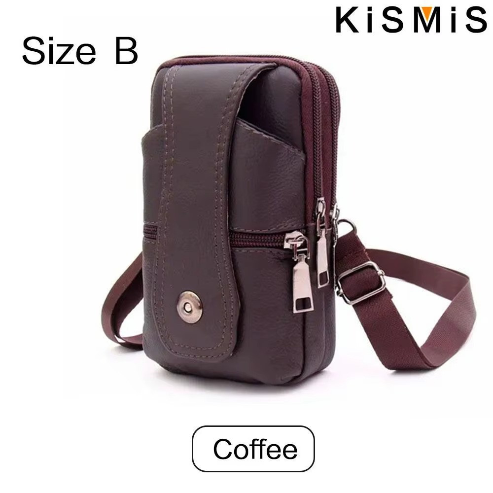 Men Leather Waist Bag Multifunction Fanny Pack Shoulder Strap Coffee