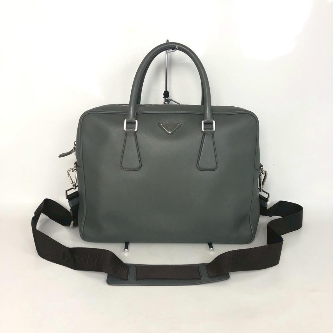 Prada Saffiano Briefcase Business Bag Leather Tote Messenger Shoulder Bag Gray