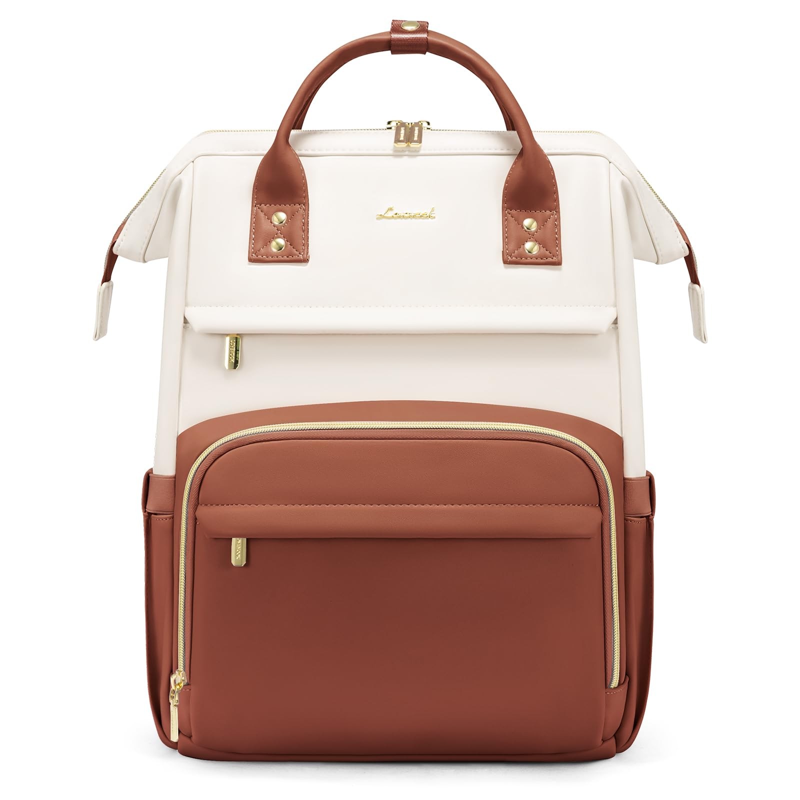 LOVEVOOK 15.6 inch Leather Laptop Backpack for Women Beige White~Brown