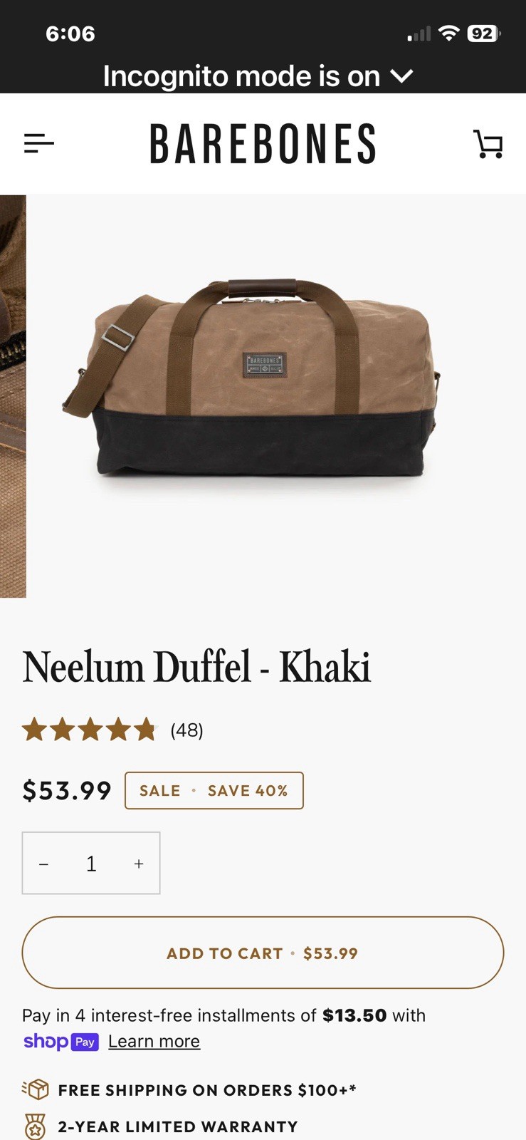 Barebones Duffel Bag New With Tag