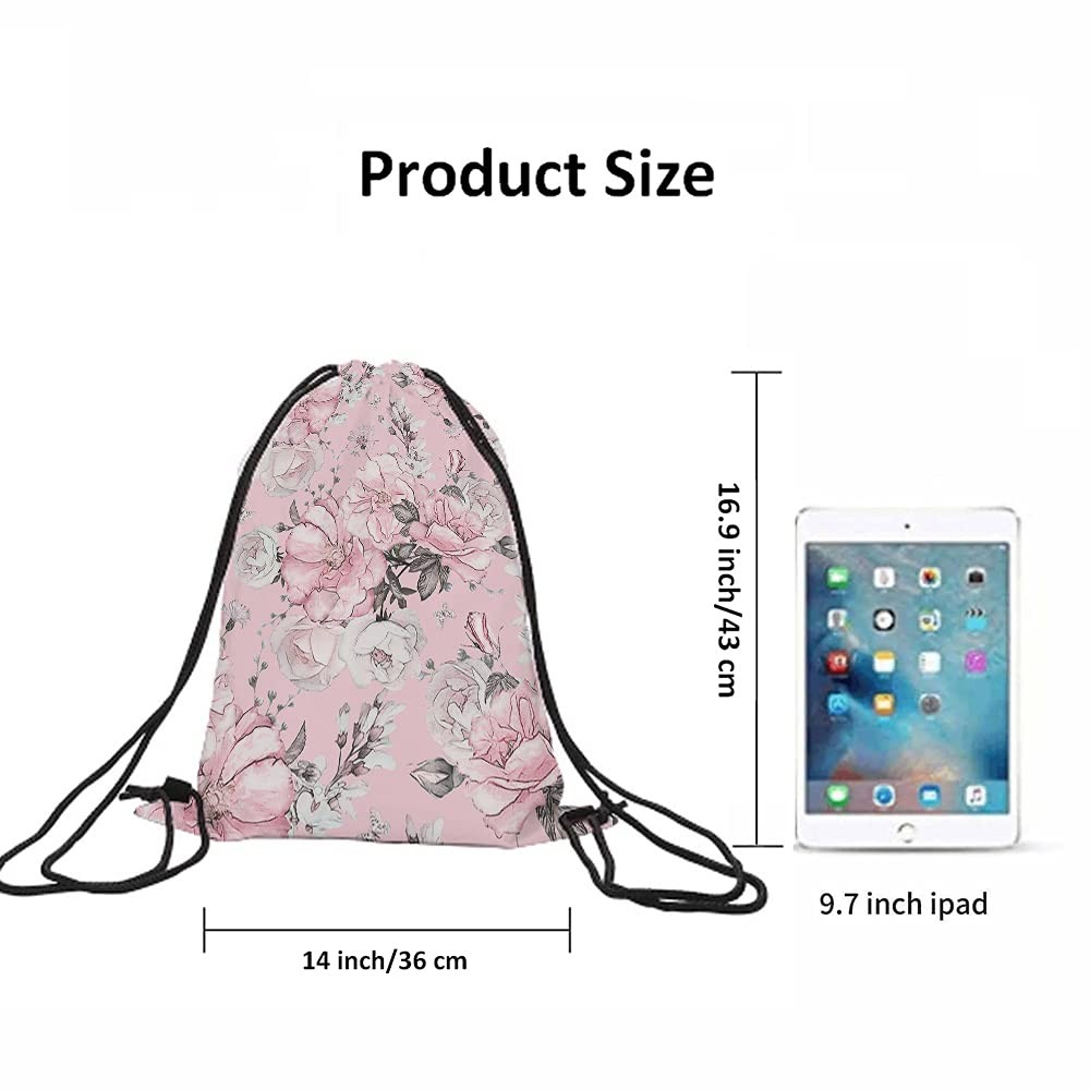 Pink Floral Print Polyester Drawstring Backpack, Unisex, 14×16.9 Inch, Modern…
