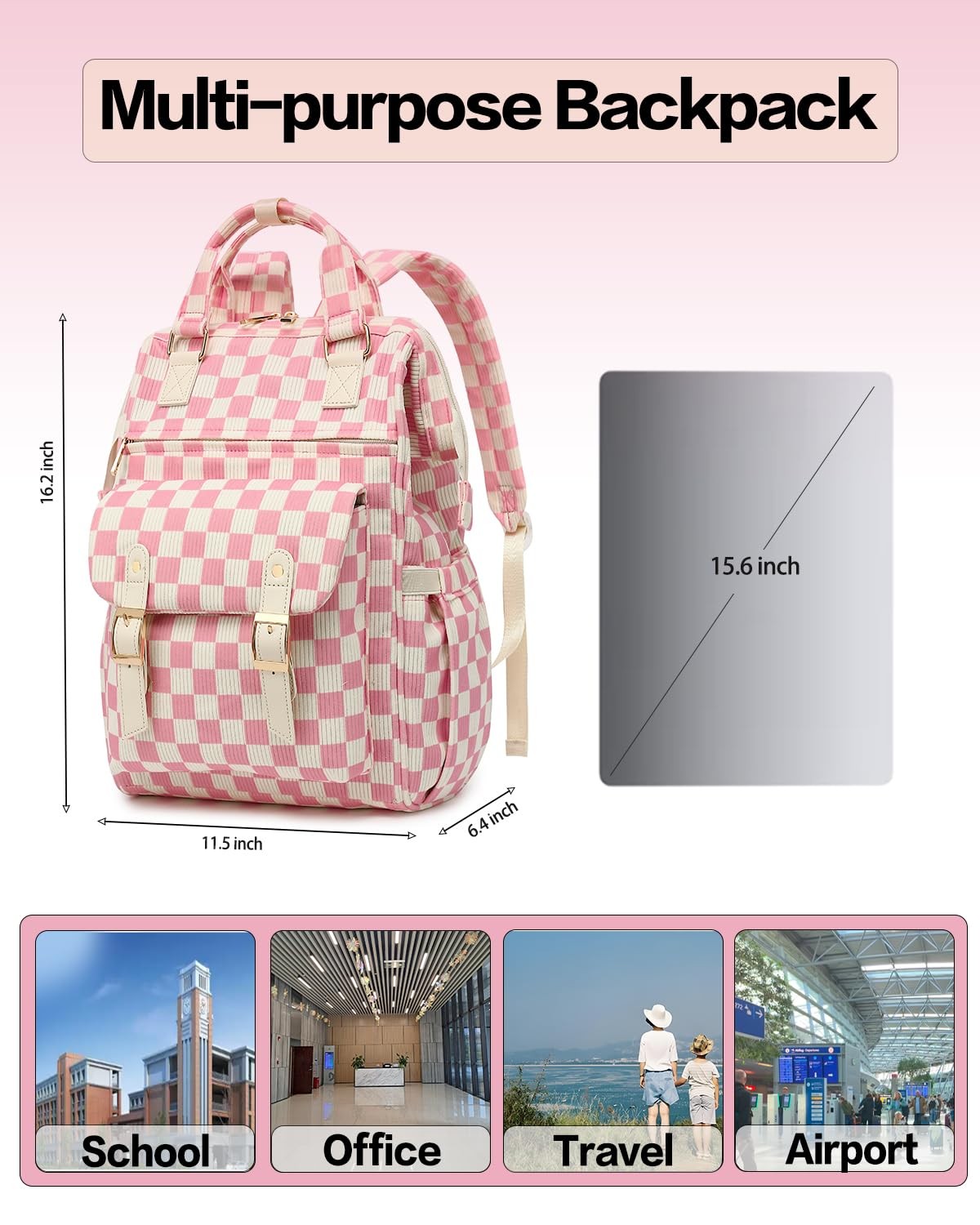 Corduroy Laptop Backpack High School Bookbag 15.6 Inch Checkered Pink