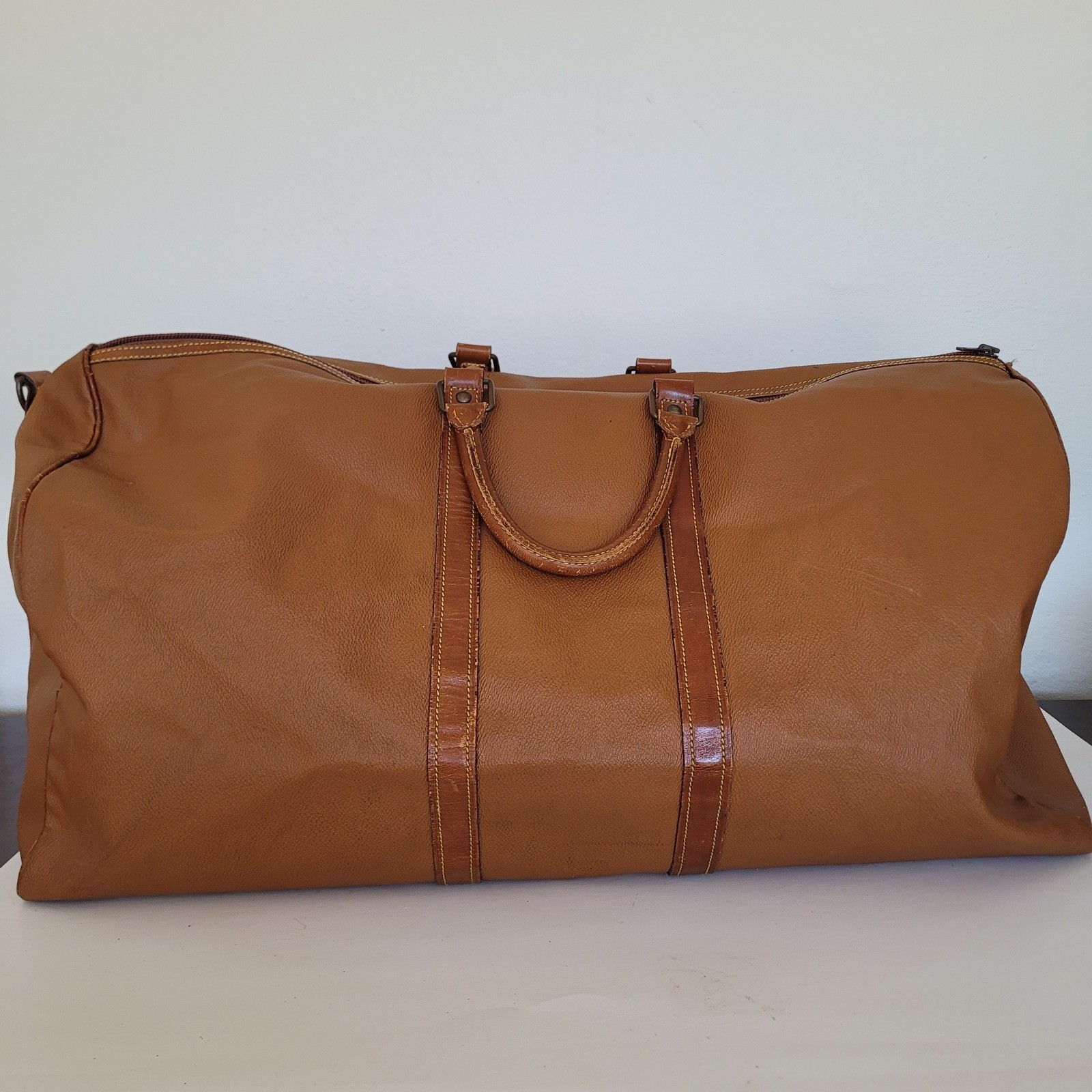 Hunting World Vintage Tan Leather Trim Duffel Bag Travel Weekender Large